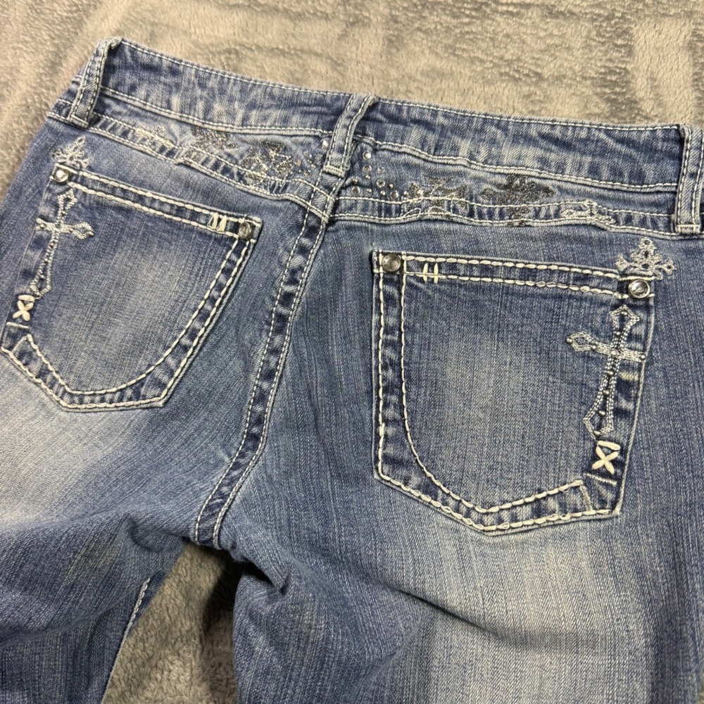 Rock 47 by Wrangler Womens Ultra Low Rise Bootcut Jeans Cross Embroidered  Sz 5
